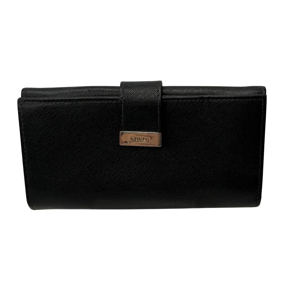 Furla Black Saffiano Leather Continental Wallet‎ Silver Logo Snap Long Clutch